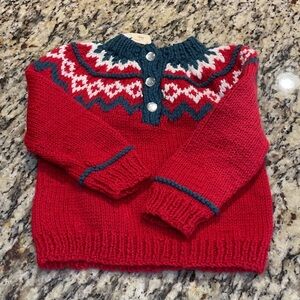 Red, White and Blue Hand Knit Kids Sweater with Three Buttons